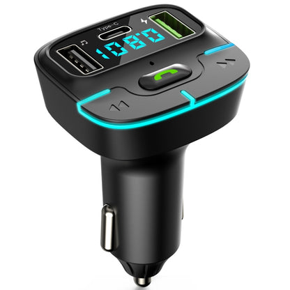 Car Bluetooth MP3 player charger with LED screen and Type-C port, black with blue accents
