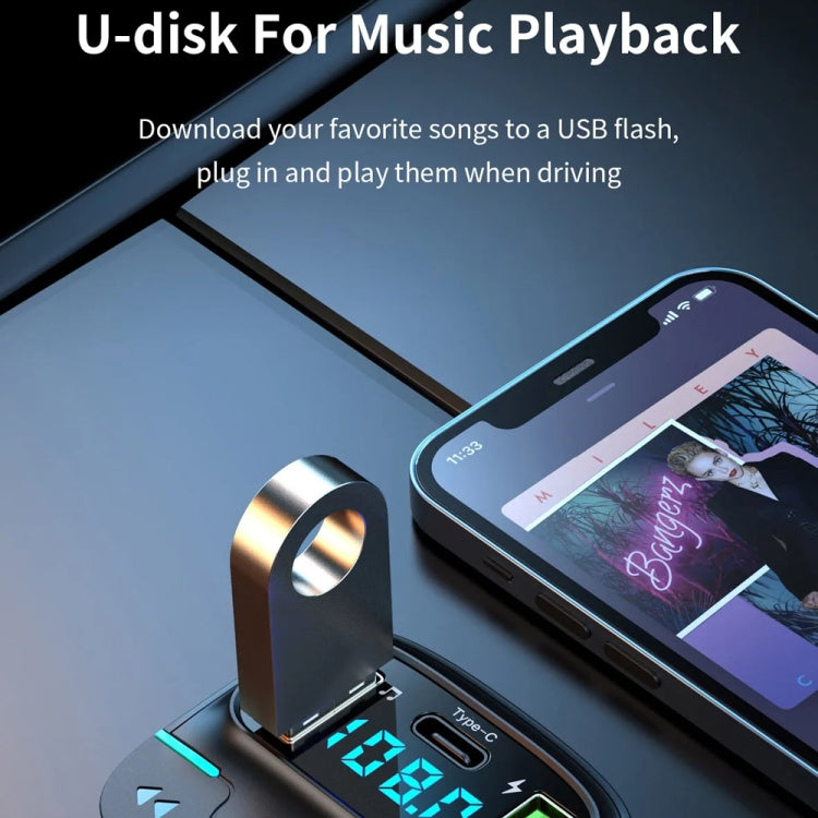 Car Bluetooth MP3 player and charger with glowing blue LED panel and USB-C ports