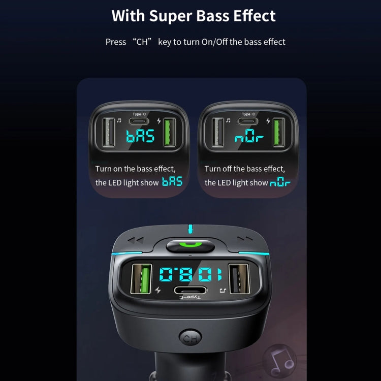 Car Bluetooth MP3 player and charger with digital display, USB ports, and blue LED