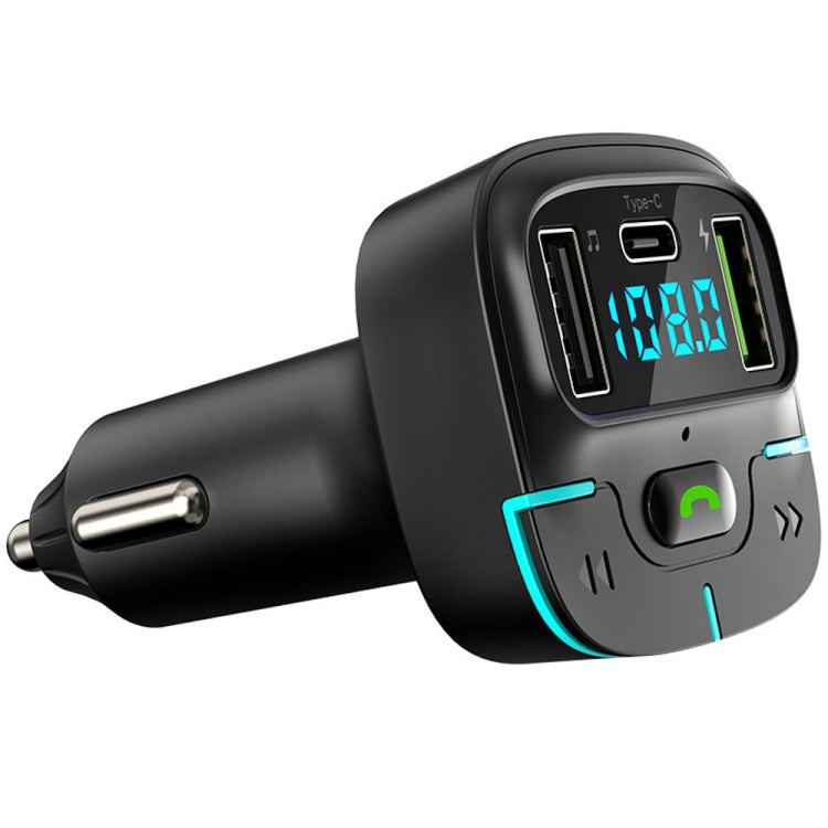 Car Bluetooth MP3 player charger with built-in USB ports and blue-lit controls, black body