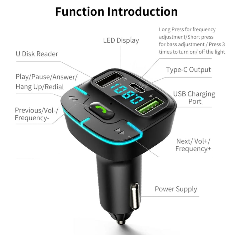 Car Bluetooth MP3 player charger with LED display, USB charging port, and power supply