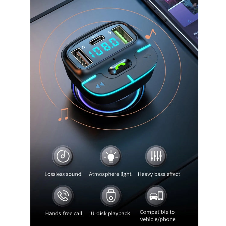 Car Bluetooth MP3 player charger showing LED screen, blue light ring, and control buttons