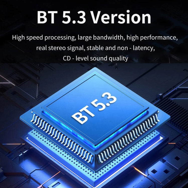 Car Bluetooth MP3 player charger with BT 5.3 chip graphic and blue-lit circuitry