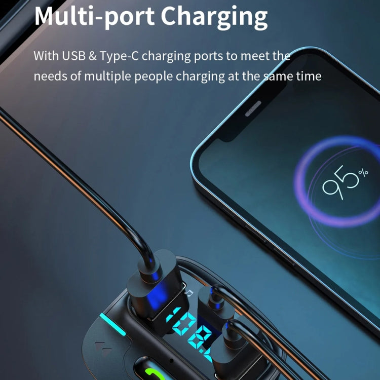 Car Bluetooth MP3 player charger with multi-port charging and LED display, black with blue light