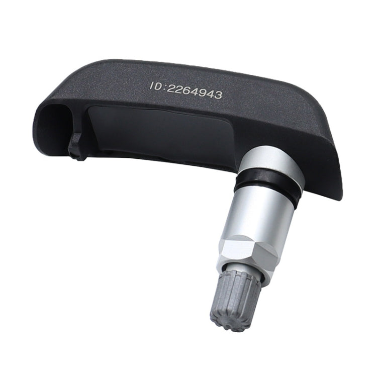 Motorcycle TPMS sensor, black cap with molded ID text and silver valve stem