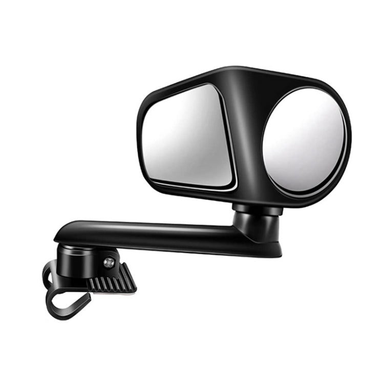 Black dual-lens auxiliary rear view mirror with long bar clamp mount and two reflective lenses