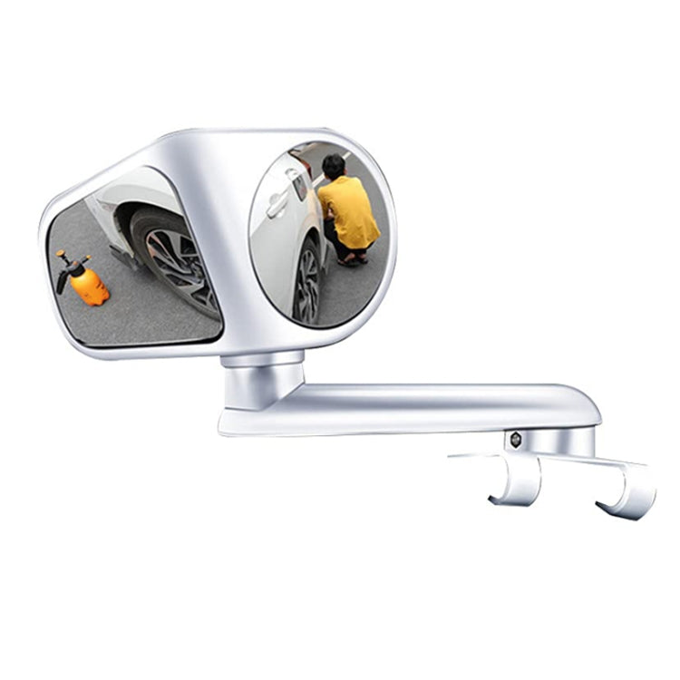 White dual-lens auxiliary rear view mirror with clamp mount and wide-angle reflective sections