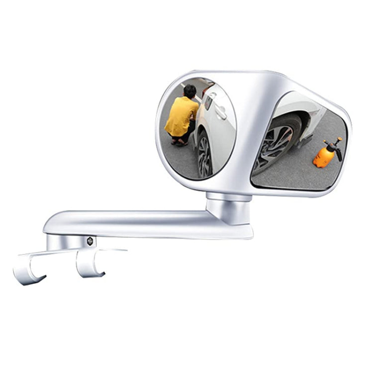 White dual-lens auxiliary rear view mirror with two inset reflectors and mounting bar base