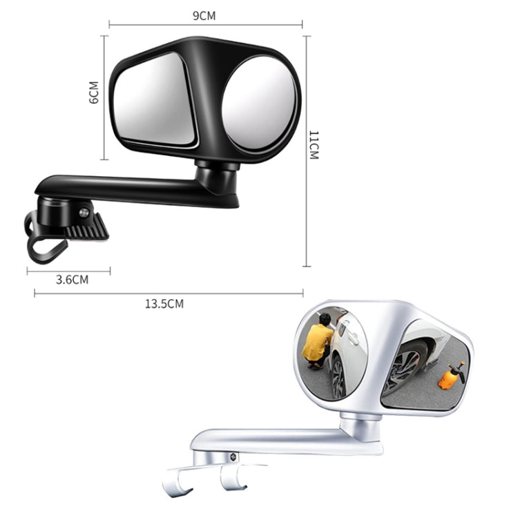 Black auxiliary rear view mirror with two lenses, bar mount, and shown dimensions