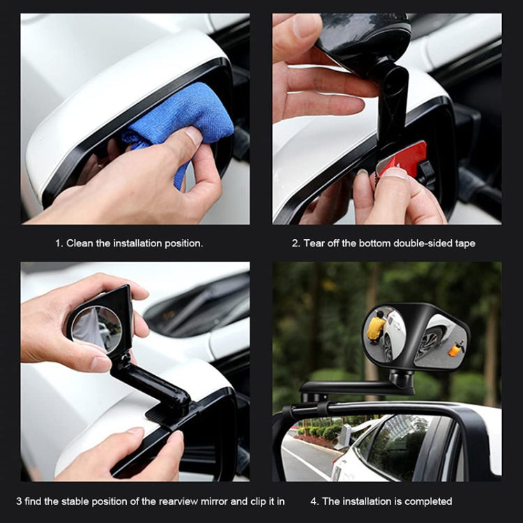 Car auxiliary rearview mirror installation with hands applying tape and clipping the mount