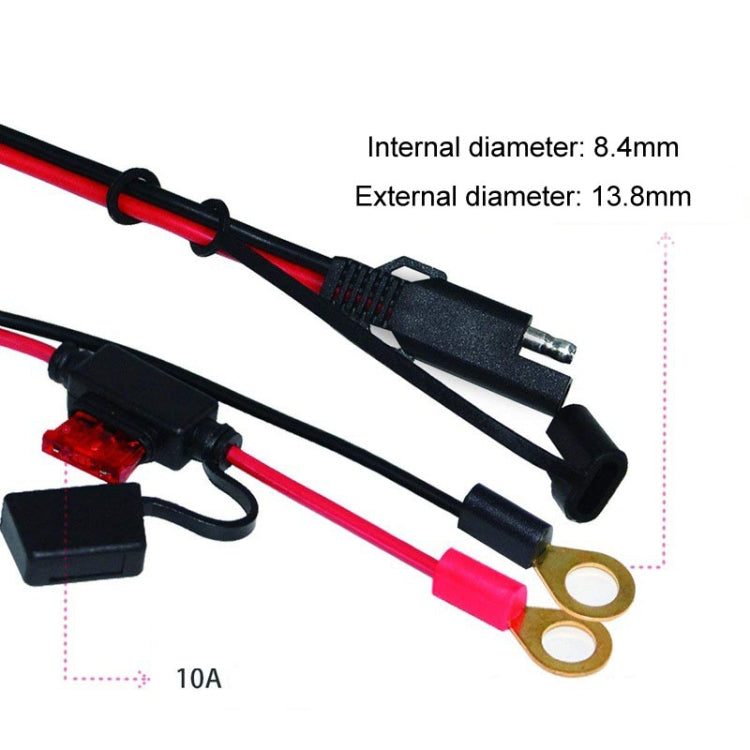 Inline SAE quick disconnect with protective housing and red/black cables; ring terminals