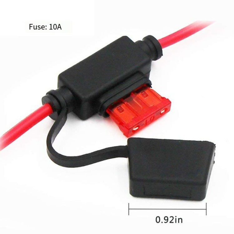Inline fuse box with 10A fuse on red/black battery extension cable, protective housing