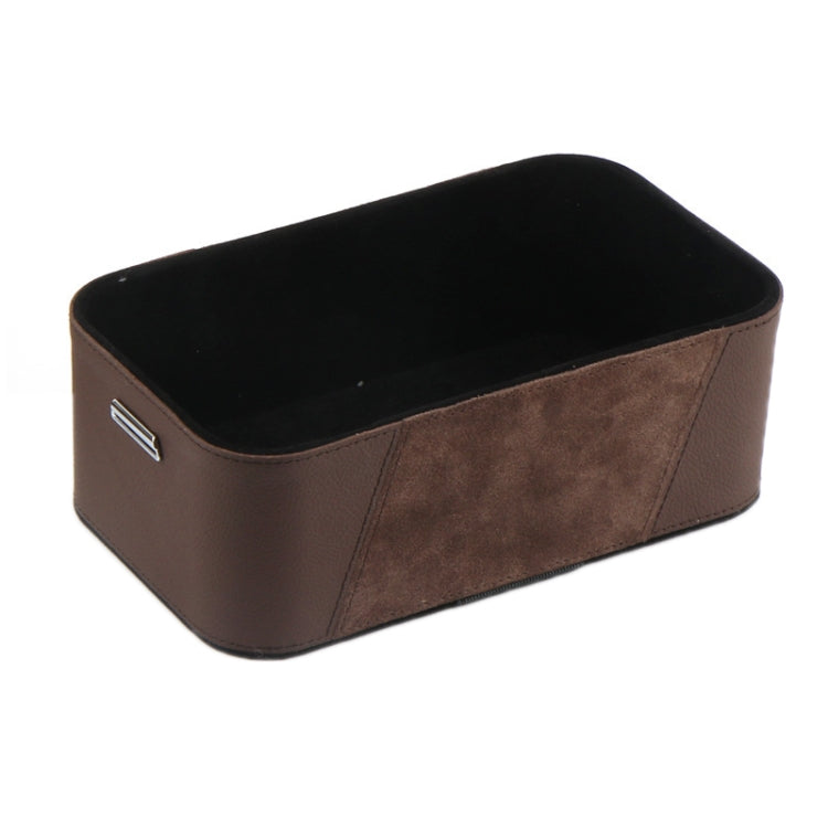 Brown car armrest storage box with black top and side slot for accessories