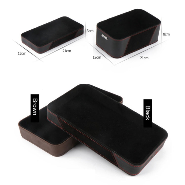 Black car dashboard armrest storage box, shown with size measurements