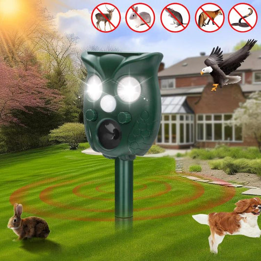 Green owl-shaped solar ultrasonic animal repellent stake with bright LED lights