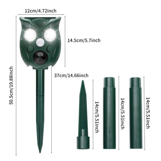 Green owl-shaped solar ultrasonic repellent with LED lights and ground stake