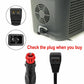 Car mini refrigerator power cord showing plug and connector options for power inlet.