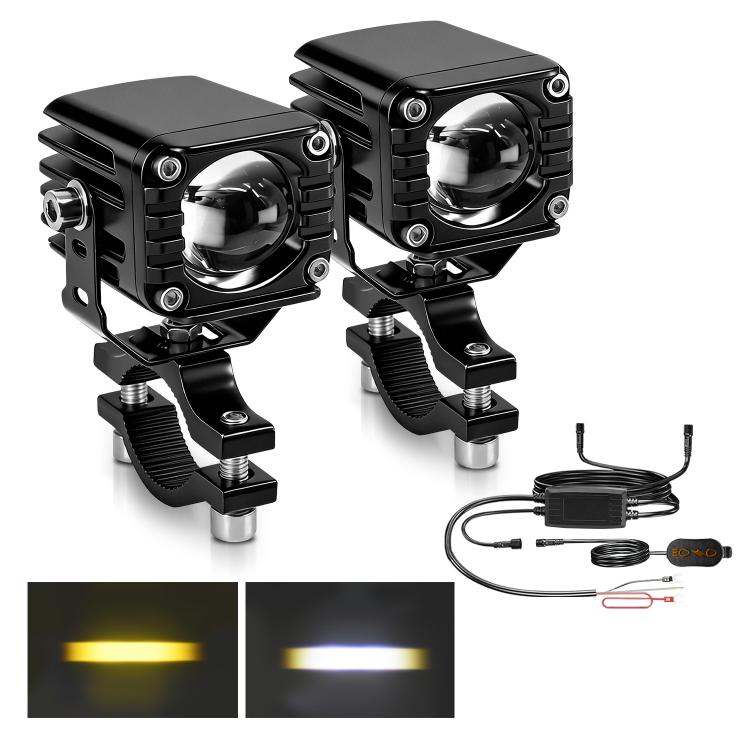 Motorcycle LED spotlight pair, black housing with mounting hardware and wired control set
