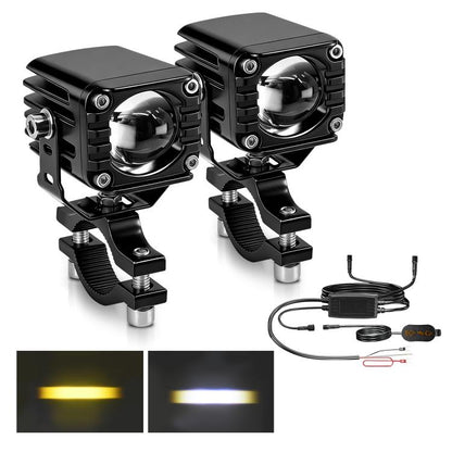 Motorcycle LED spotlight pair, black housing with mounting hardware and wired control set