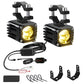 Motorcycle LED spotlight pair with golden projector lens, brackets, and wired power cable kit