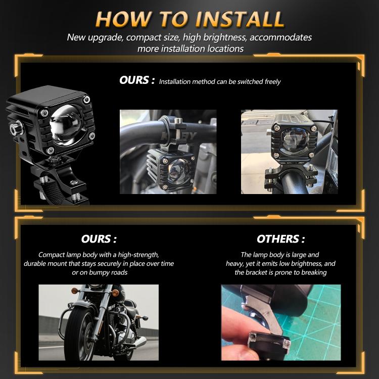 Black motorcycle wired waterproof spotlight with integrated switch and front lens view