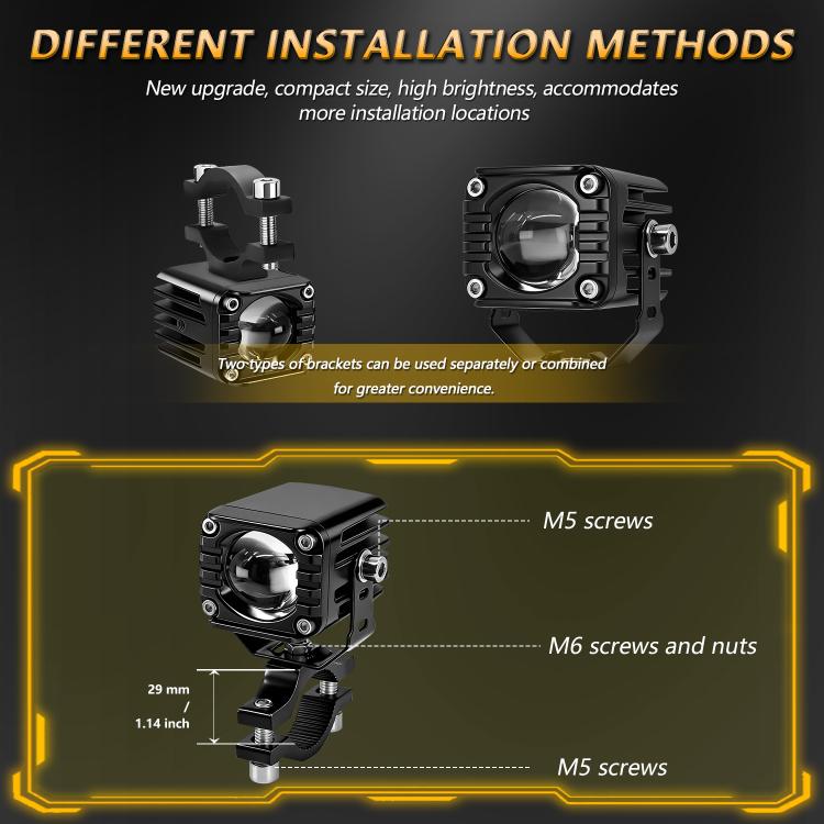 Black motorcycle spotlight mounting bracket with screw sizes and dual installation views