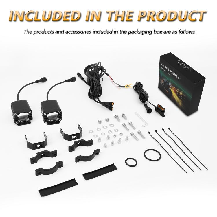 Motorcycle wired spotlight included kit: two lights, wiring, brackets, and mounting hardware