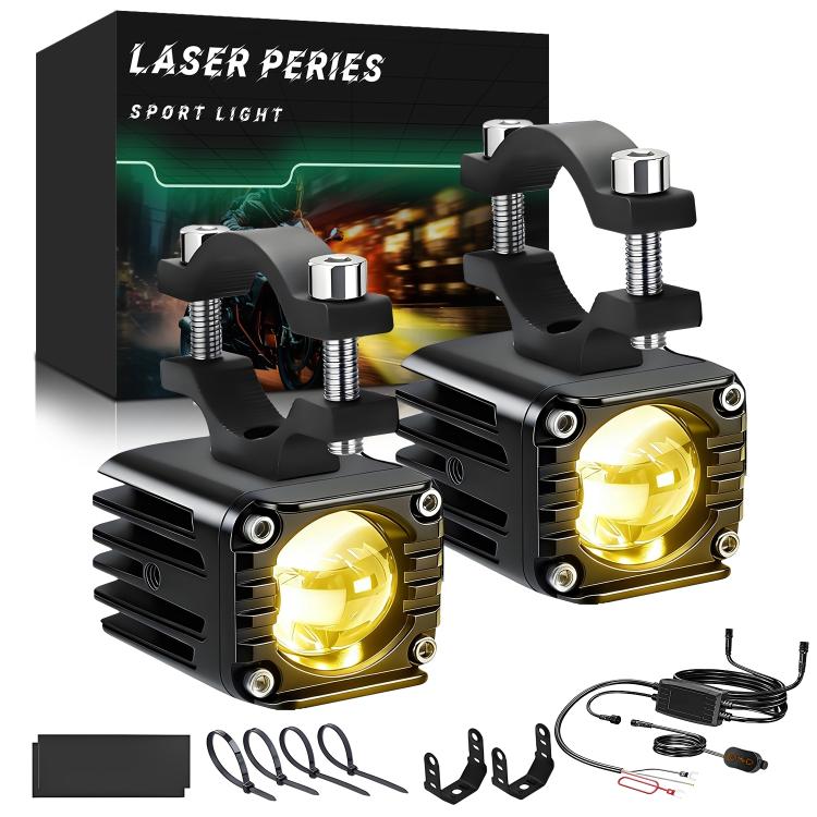 Pair of black motorcycle spotlights with round lenses and warm yellow LED glow
