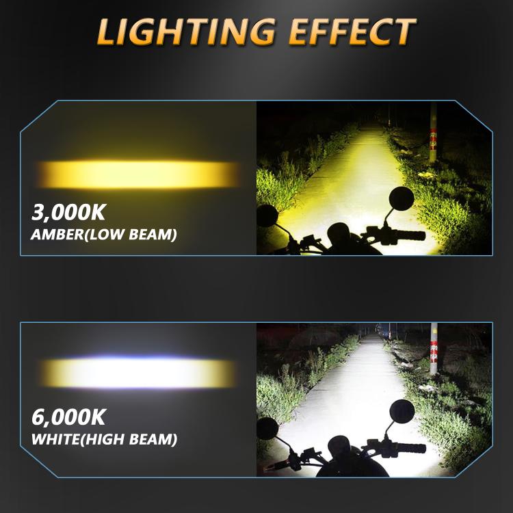 Motorcycle LED spotlight showing warm and cool beam lighting on ground
