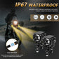 Motorcycle LED spotlight with rugged waterproof housing and bright beam on rainy road