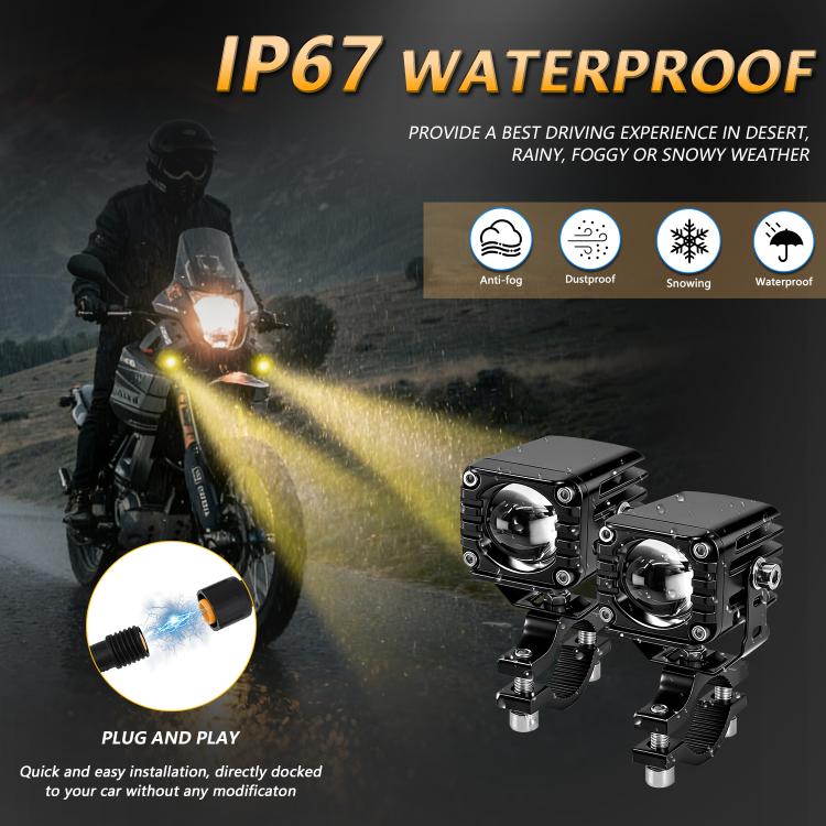 Motorcycle LED spotlight with rugged waterproof housing and bright beam on rainy road