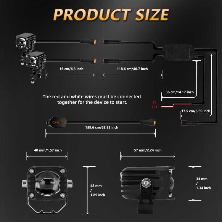 Motorcycle LED spotlight with mounting bracket and visible product size diagram