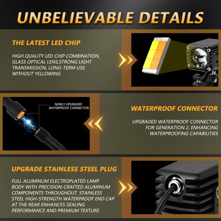 Motorcycle LED spotlight with waterproof connector plug and sealed cable end detail