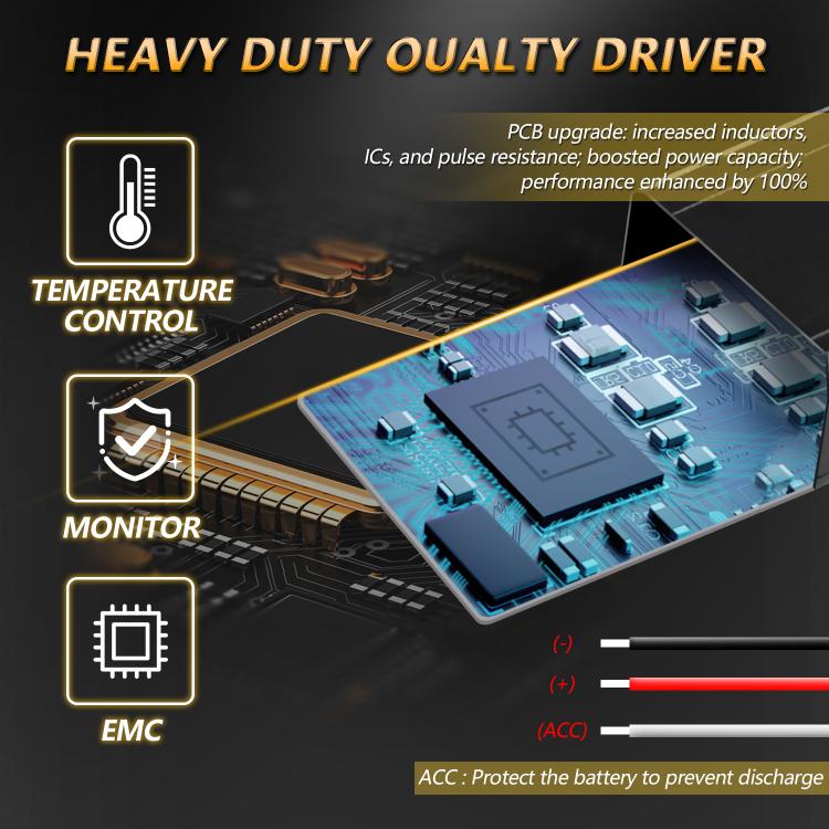 Motorcycle LED spotlight driver PCB with temperature control and wiring leads
