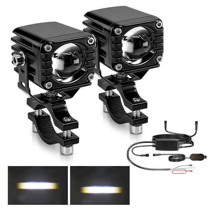 Pair of black motorcycle wired spotlights with front circular lenses and cable wiring