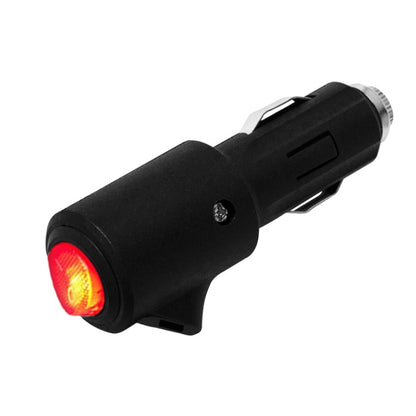 Black cigarette lighter plug with red LED indicator light and integrated switch body