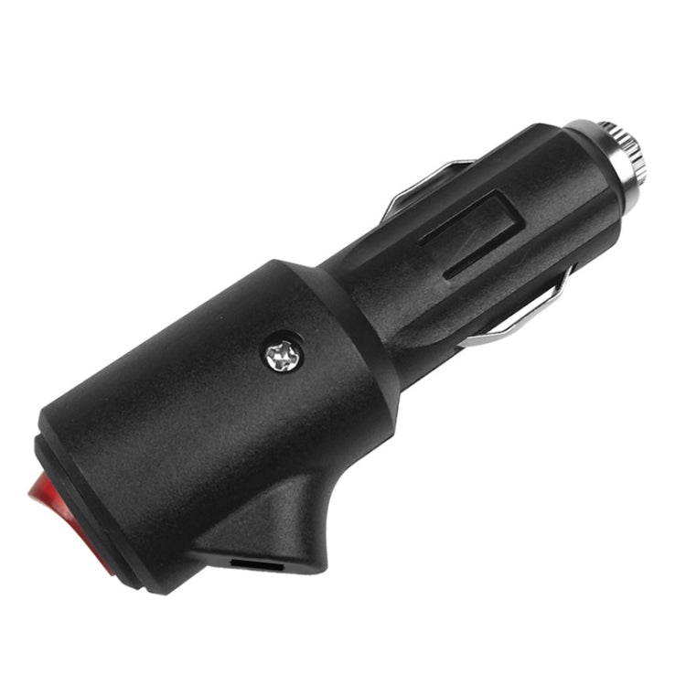Black cigarette lighter plug with red LED indicator, side slots, and metal ring connector end