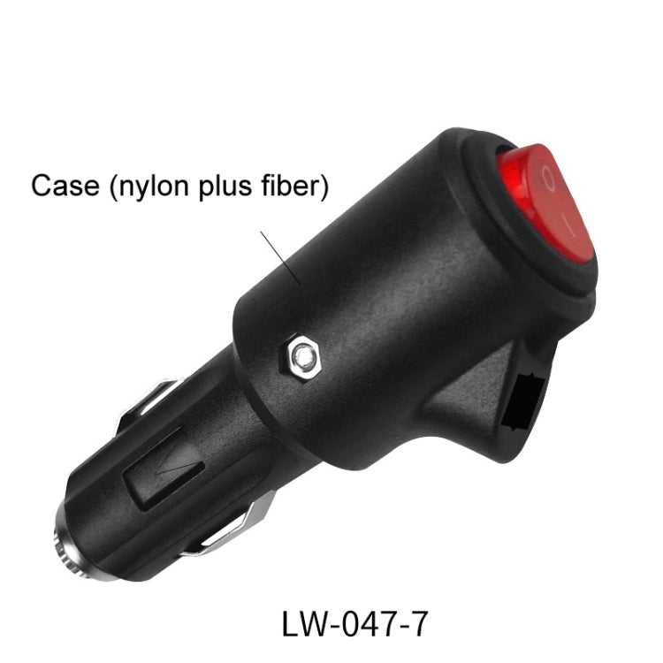 Black switch plug with red rocker LED cap, textured grip, and metal connector ring