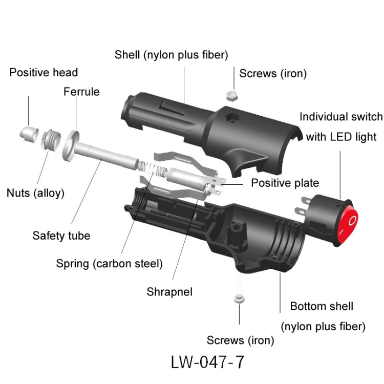 Exploded view of car LED lighter plug showing internal parts and outer shell