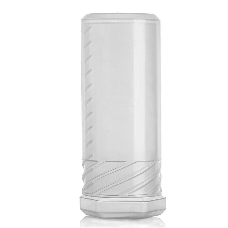 Transparent plastic beard brush storage tube with ridged sides and snap-on base