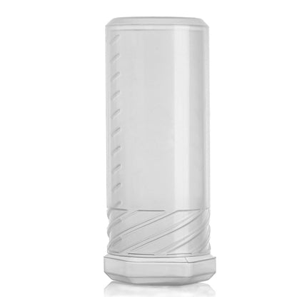 Transparent plastic beard brush storage tube with ridged sides and snap-on base