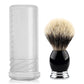Transparent storage tube with standing beard brush, black handle and cream bristles