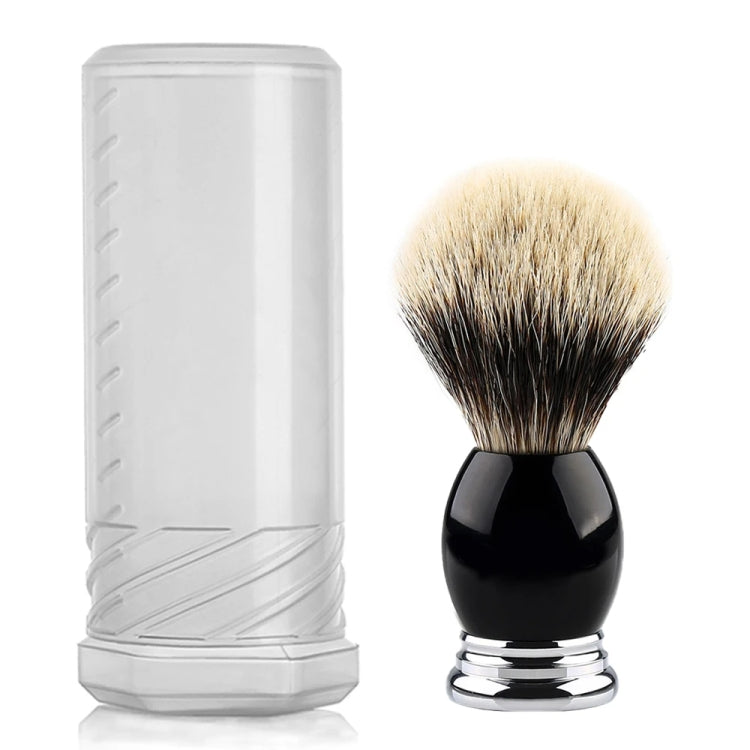 Transparent storage tube with standing beard brush, black handle and cream bristles