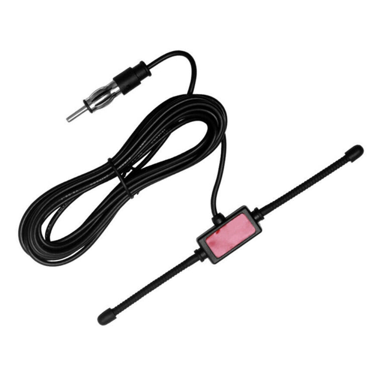 Black AM/FM radio antenna cable with inline amplifier box and RCA-style plug