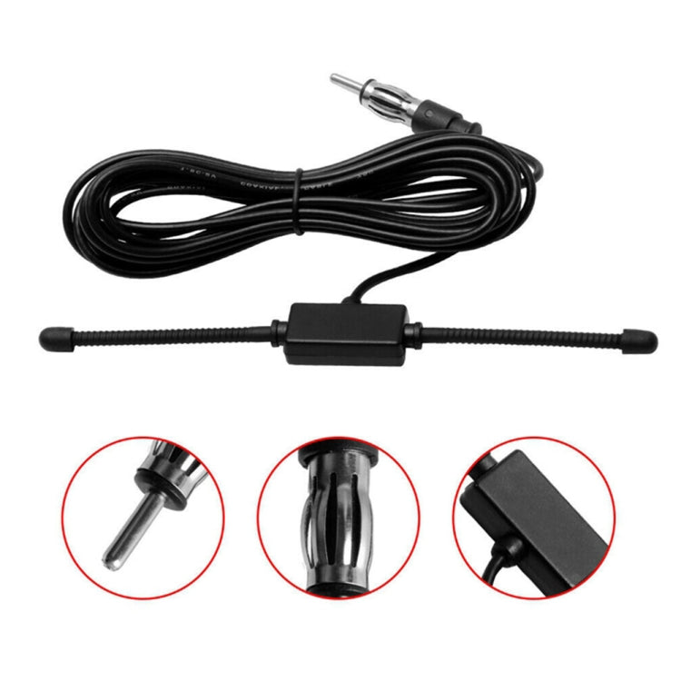 Black AM/FM antenna cable with inline amplifier box and dual metal coax connectors