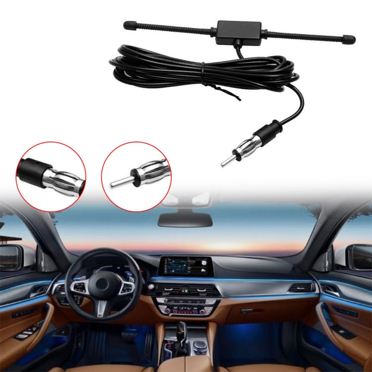 AM/FM antenna kit with black coax cable, inline amplifier box, and RCA plugs
