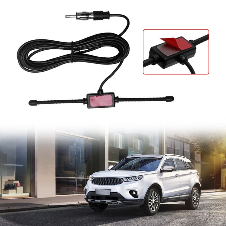 AM/FM antenna cable set with inline amplifier box and red-tinted base pad
