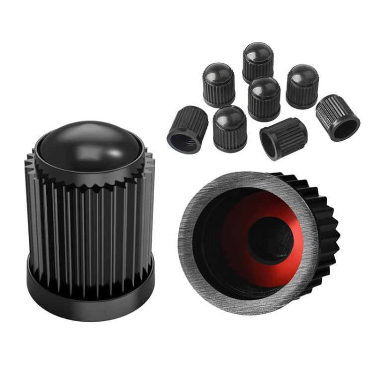 Black ribbed tire valve caps with red rubber ring, plus several spare caps