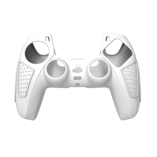 White silicone protective case for PS5 DualSense controller with cutouts and grip texture.