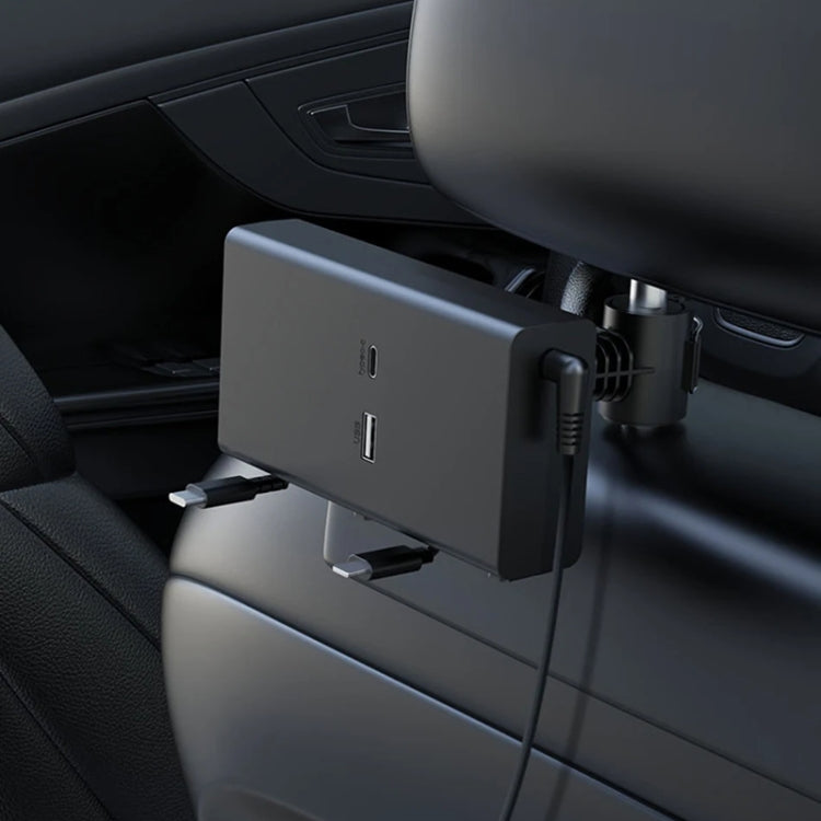 Car retractable dual-wire USB charger with two ports, mounted on rear seat back